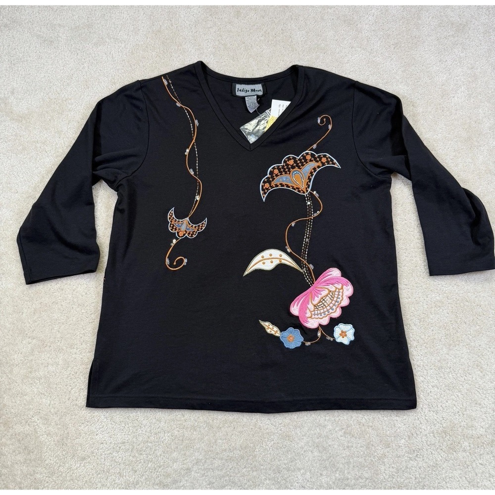 NWT Indigo Moon Embroidered Floral Sequin Top Womens Large QVC Boho Artsy Y2K